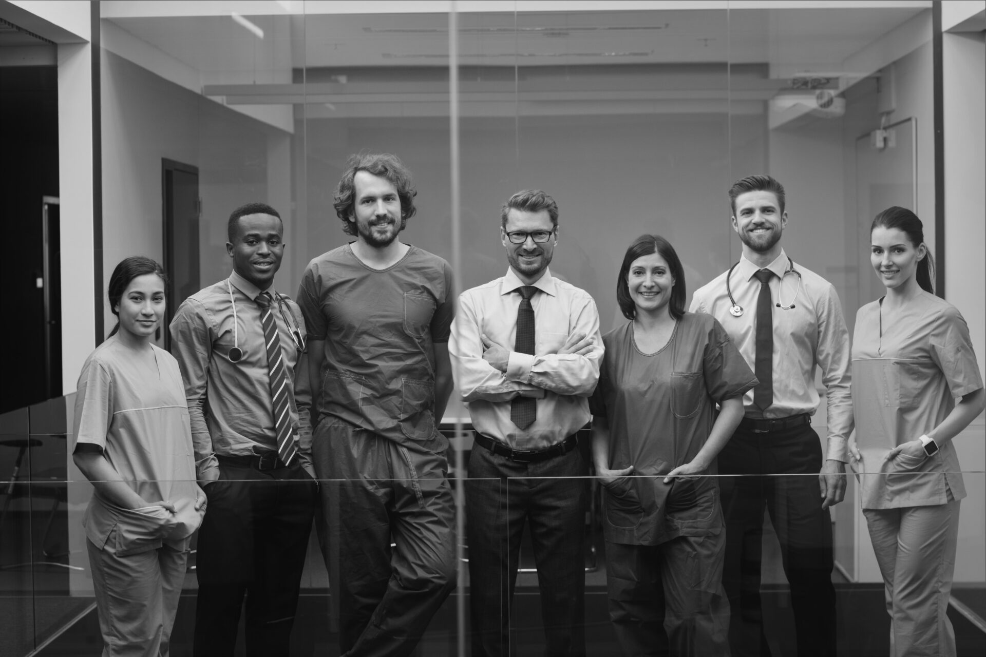 team of doctors standing in the corridor